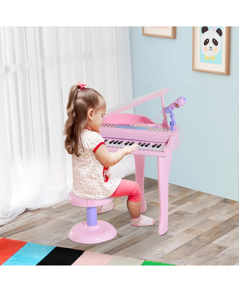 Kids Piano Keyboard Drum Set with Sounds, Microphone, Light, Stool
