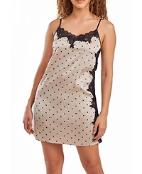 iCollection Women's Kareen Dotted Satin Chemise, Adorned Front and Side Lace