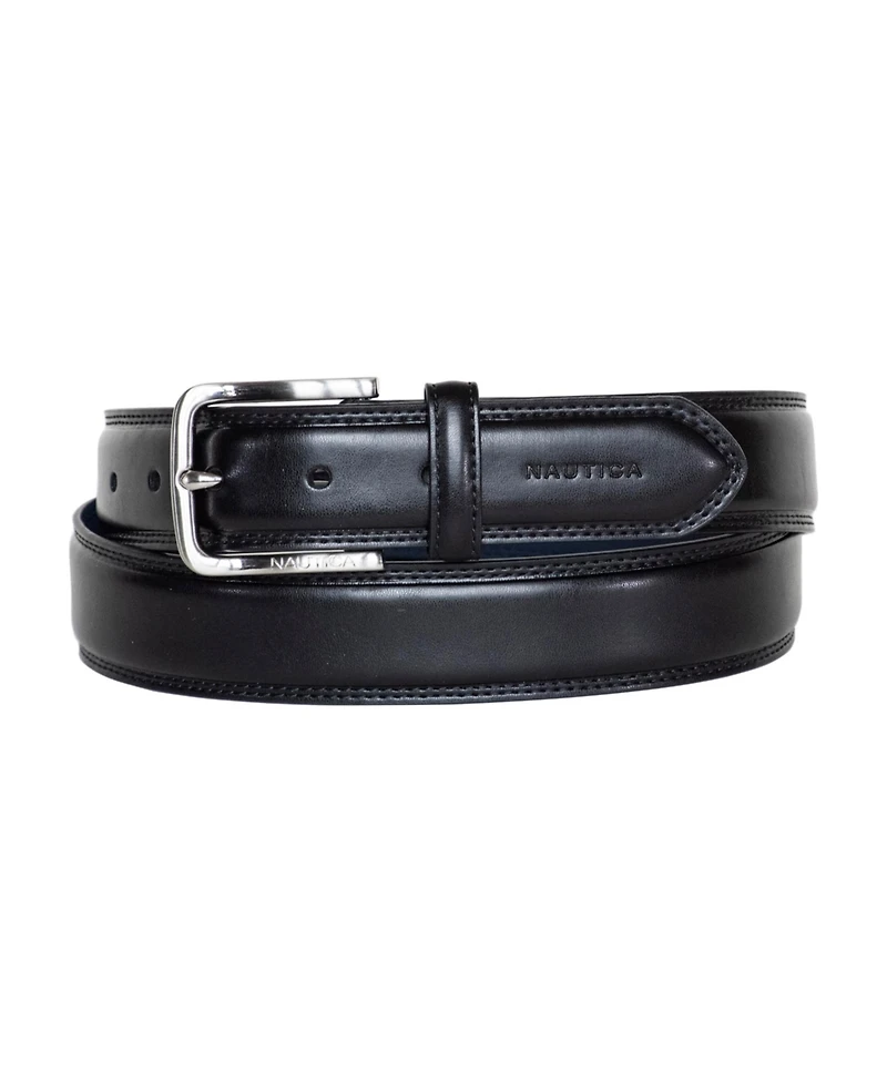 Nautica Men's Inlay Logo Signature Double Stitch Leather Belt