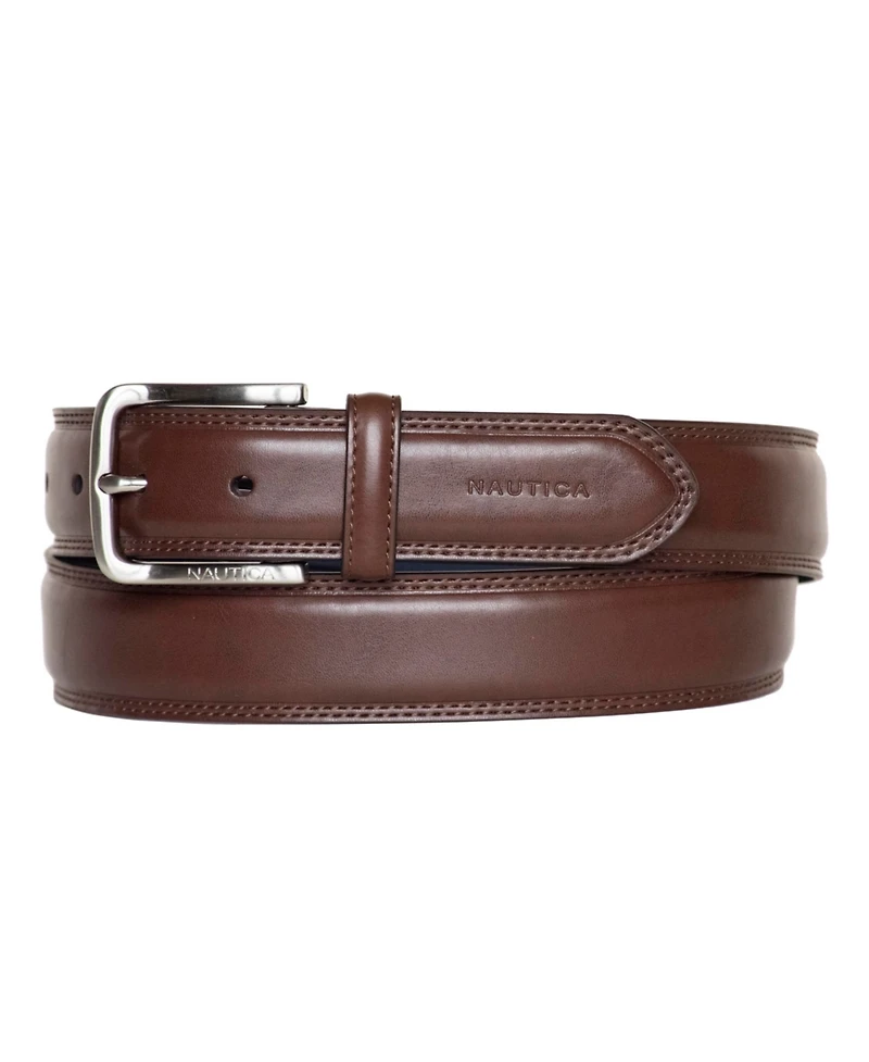 Nautica Men's Inlay Logo Signature Double Stitch Leather Belt