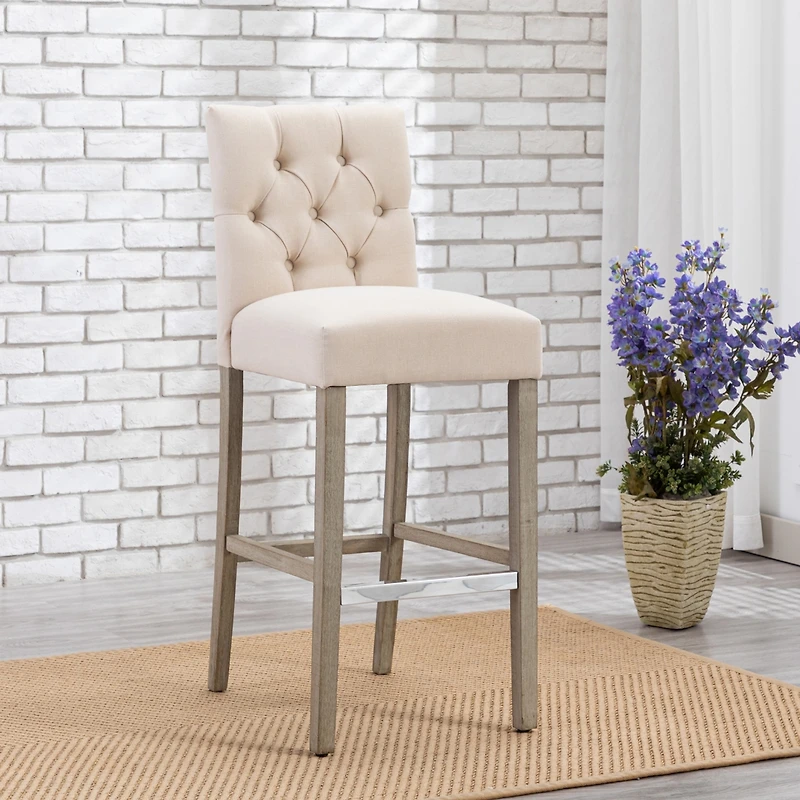 29" Upholstered Linen Fabric Tufted Bar Stool Chair