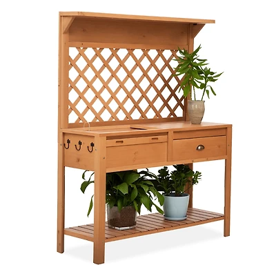 Garden Potting Bench Table Wooden Workstation w/ Metal Screen, Drawer