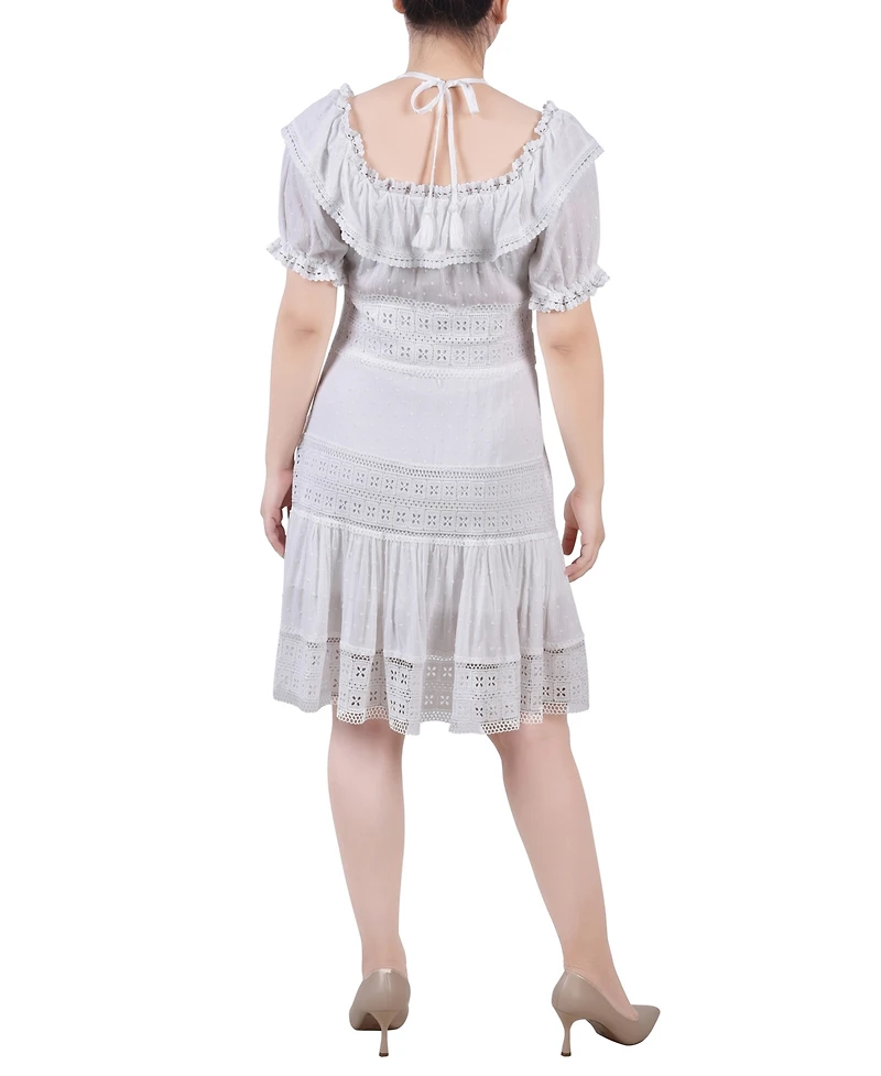 Ny Collection Petite Short Sleeve Ruffle Neck Dress