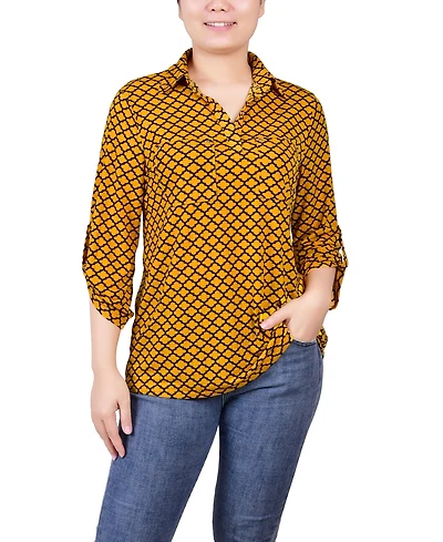 Ny Collection Petite 3/4 Ruched Sleeve Studded Y-neck Top
