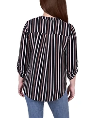 Petite 3/4 Push Tab Mandarin Collar Blouse with Front Pleats