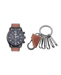 American Exchange Men's Quartz Movement Cognac Leather Strap Analog Watch, 48mm and Keychain with Zippered Travel Pouch