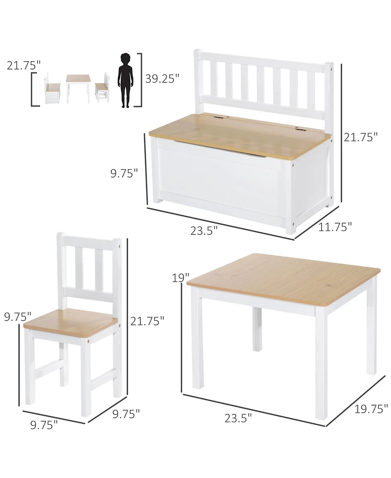 Qaba 4-Piece Kids Table Set with 2 Wooden Chairs, 1 Storage Bench