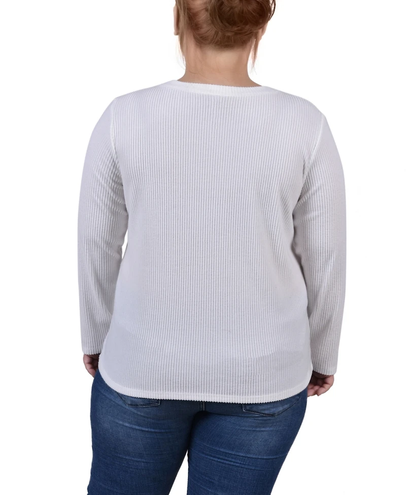Ny Collection Plus Long Sleeve Ribbed Button Detail Top