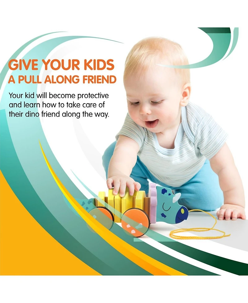 Leo & Friends Pull Along Walking Triceratops Wooden Toy for Boys and Girls