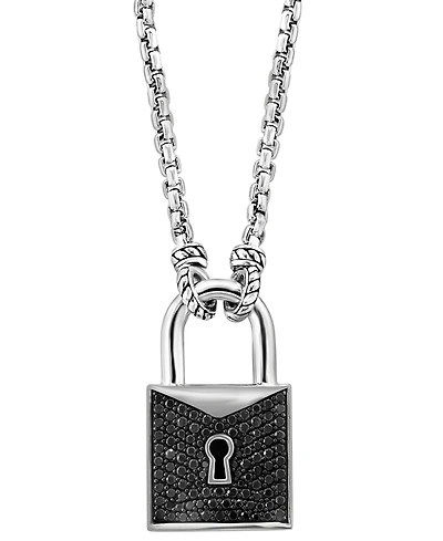 Effy Men's Black Spinel Padlock 22" Pendant Necklace (1-1/2 ct. t.w.) in Sterling Silver