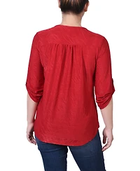 Ny Collection Women's 3/4 Roll Tab Zip Front Jacquard Knit Top
