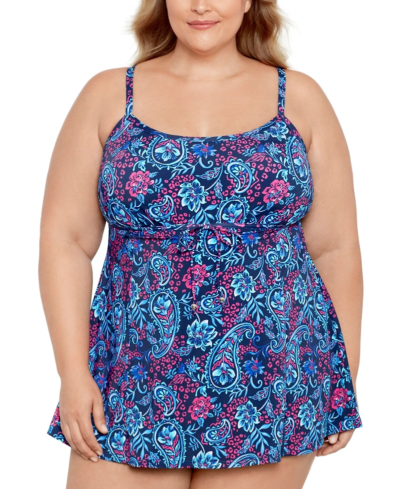 Swim Solutions Plus Size Tummy Control Printed Tie-Waist Swim Dress, Created for Macy's