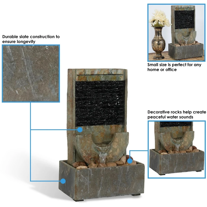 Indoor Home Office Contemporary Soothing Half Moon Stone Slate Cascading Tabletop Water Fountain - 16"