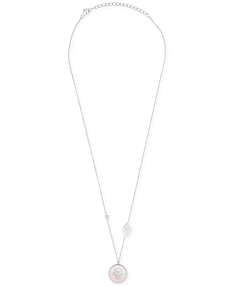 Mother-of-Pearl (10mm) & Cubic Zirconia Hamsa Hand & Evil Eye Pendant Necklace in 14k Gold-Plated Sterling Silver, 16" + 2" extender
