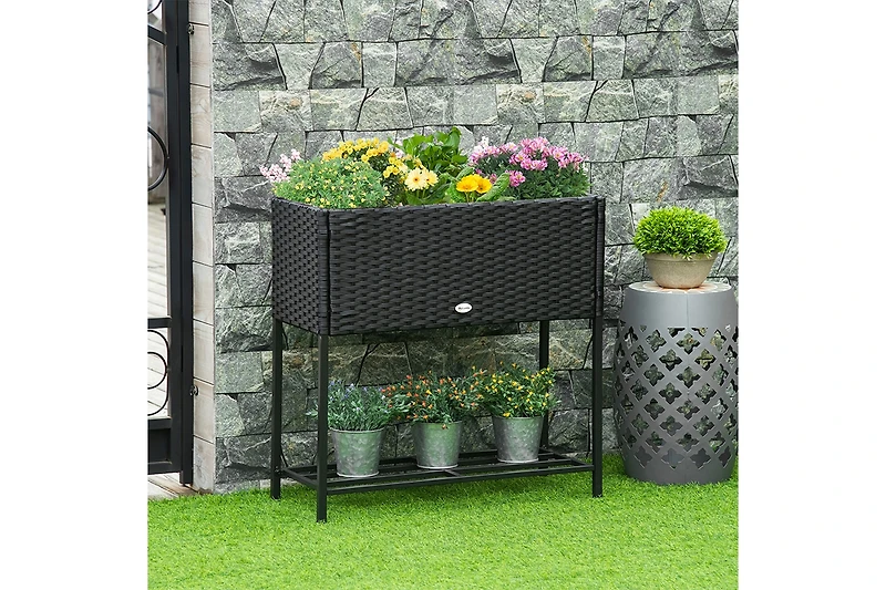 Pe Rattan Outdoor Raised Flower Garden Planter Bed w/ Shelf, Brown