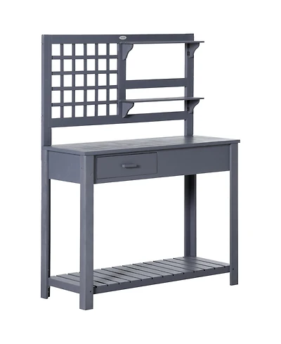 Outsunny Potting Bench Table Workstation w/ Tiers of Shelves and Drawer,