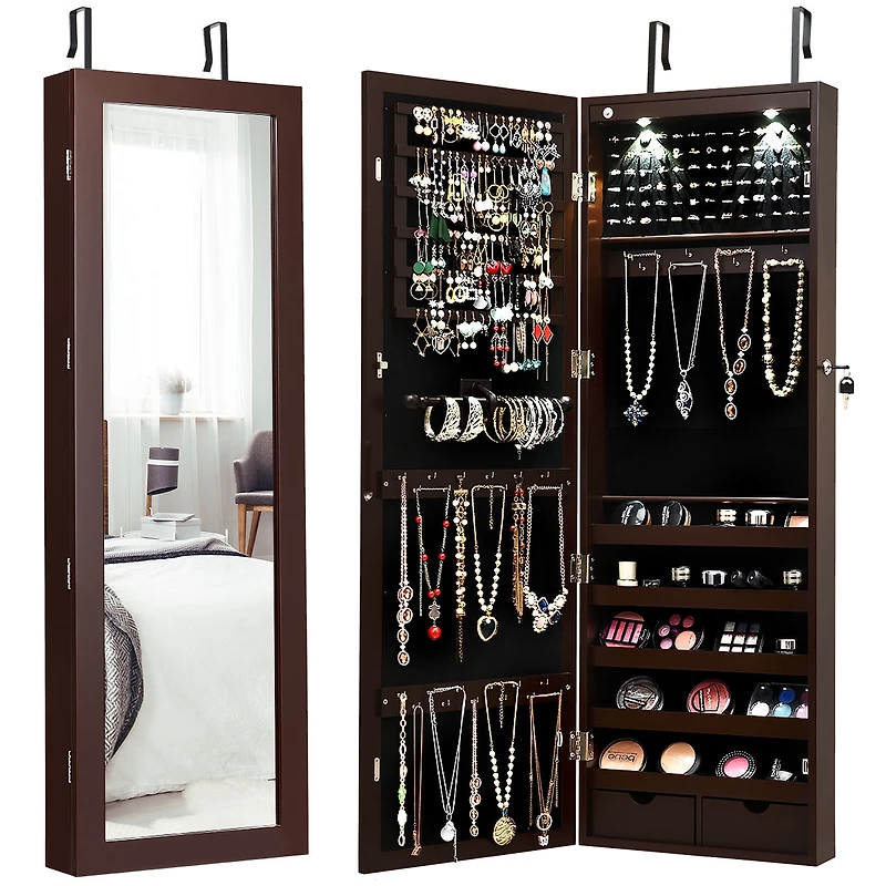 Wall Mount Mirrored Jewelry Cabinet Organizer Led Lights