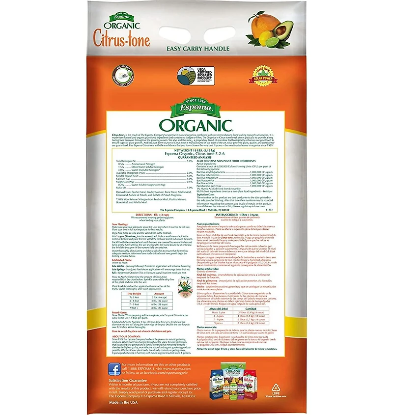 Espoma ESPCT18 Organic Citrus-Tone Citrus & Avocado Food, 18 lbsBag
