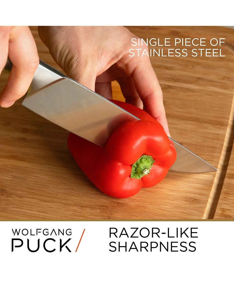 Wolfgang Puck 6-Piece Stainless Steel Knife Set with Knife Block Carbon Stainless Steel Blades and Ergonomic Handles Blonde Wood Block with Acrylic Sa