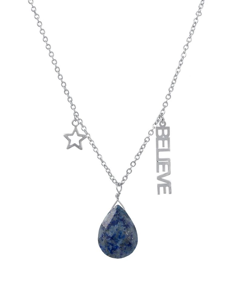 Macy's Lapis Pear Shape Bead 16mm Believe Charm Necklace in Fine Silver Plated Brass