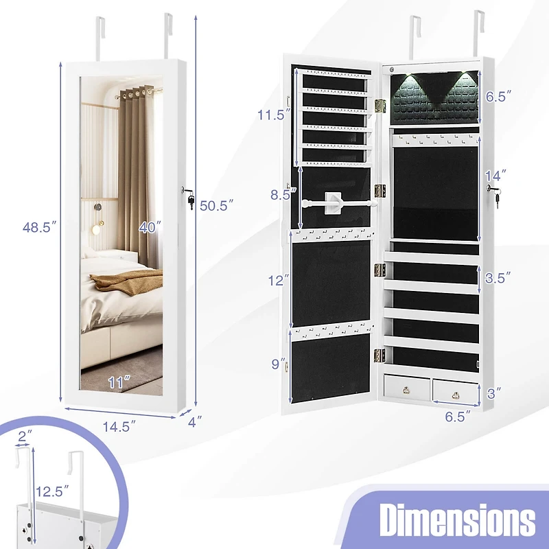 Costway Wall Mount Mirrored Jewelry Cabinet Organizer Led Lights