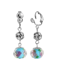 2028 Aqua and Pink Flower Bead with Crystals Clip Earrings