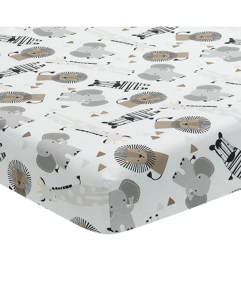 Lambs & Ivy Baby Jungle Safari Cotton White/Gray Elephant/Lion Fitted Mini Crib Sheet