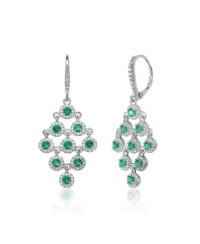 Cubic Zirconia Sterling Silver Rhodium Plated Green Round Chandelier Earrings
