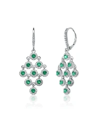 Cubic Zirconia Sterling Silver Rhodium Plated Green Round Chandelier Earrings