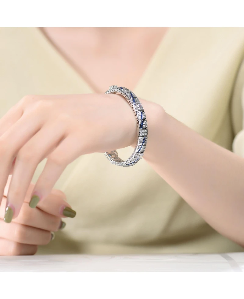 Sterling Silver Blue and Green Clear Cubic Zirconia Link Bracelet