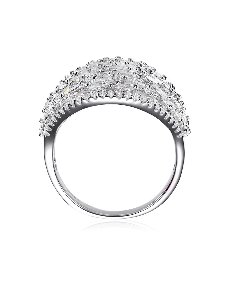 Sterling Silver White Gold Plated Clear Round and Green Cubic Zirconia Cluster Dome Ring