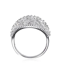 Sterling Silver White Gold Plated Clear Round and Green Cubic Zirconia Cluster Dome Ring