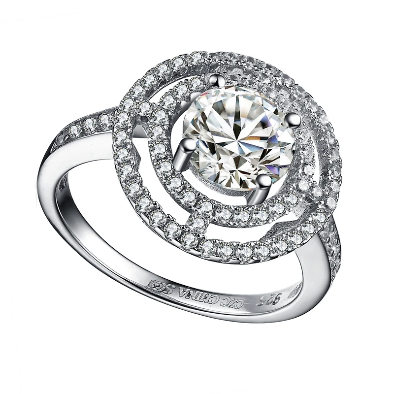 Cubic Zirconia Sterling Silver White Gold Plated Round Fancy Ring