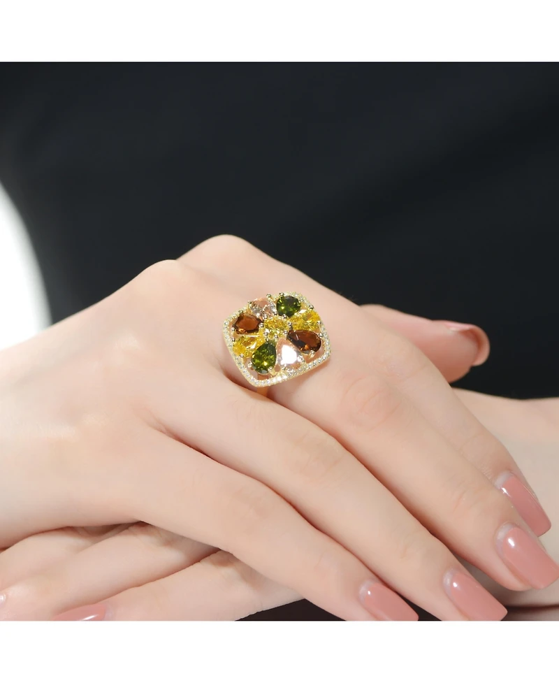 Sterling Silver 14K Gold Plated Multi Color Cubic Zirconia Accent Flower Setting Ring