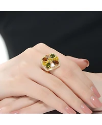 Sterling Silver 14K Gold Plated Multi Color Cubic Zirconia Accent Flower Setting Ring