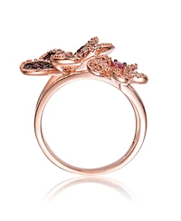 Sterling Silver Rose Gold and Black Plated Multi Colored Cubic Zirconia Floral Ring