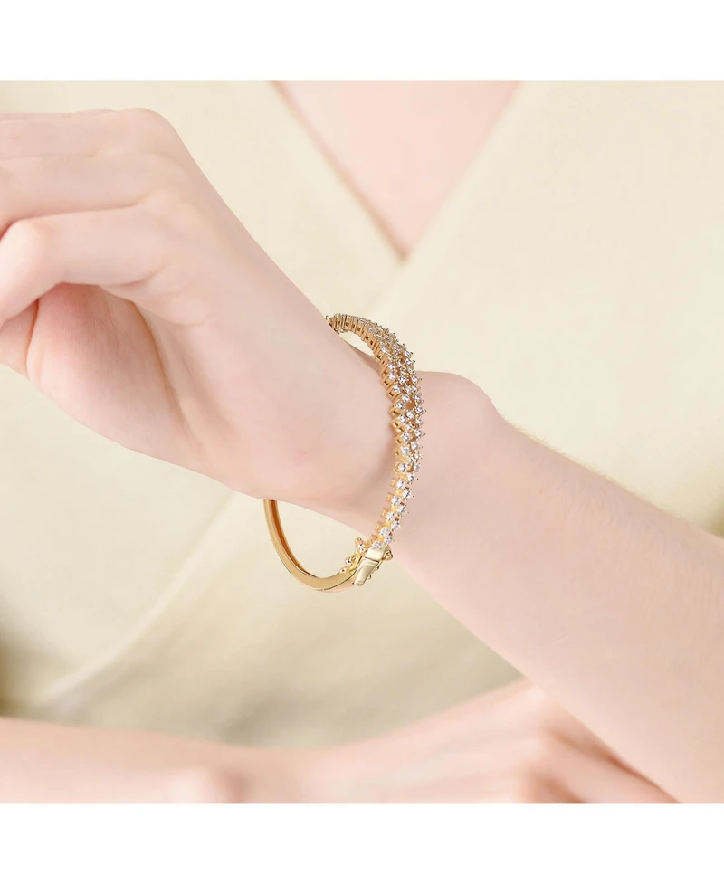 Sterling Silver with Rhodium Plated Clear Round Cubic Zirconia Cluster Style Bangle Bracelet