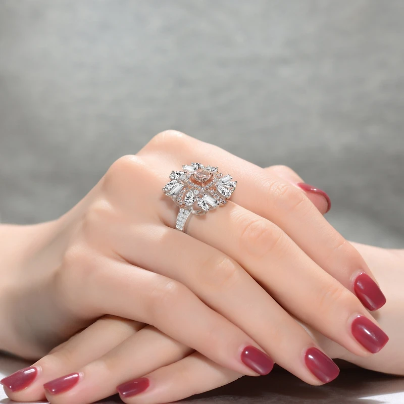 Sterling Silver White Gold and Rose Plated with Pink Clear Cubic Zirconia Cluster Ring