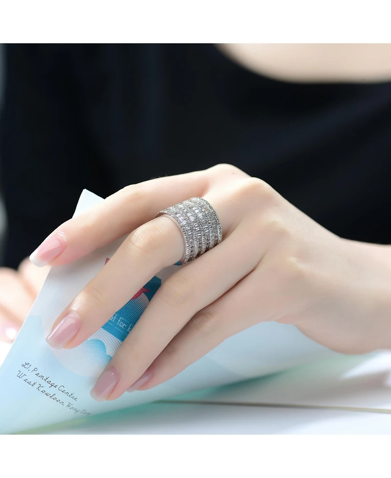 White Gold Plated with Cubic Zirconia 5-Row Stacked Column Glamor Ring Sterling Silver