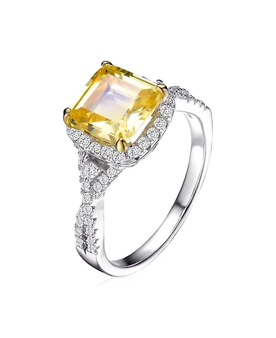 Sterling Silver White Gold Plated Yellow Cushion Cubic Zirconia with Clear Round Zirconias Accent Twisted Ring