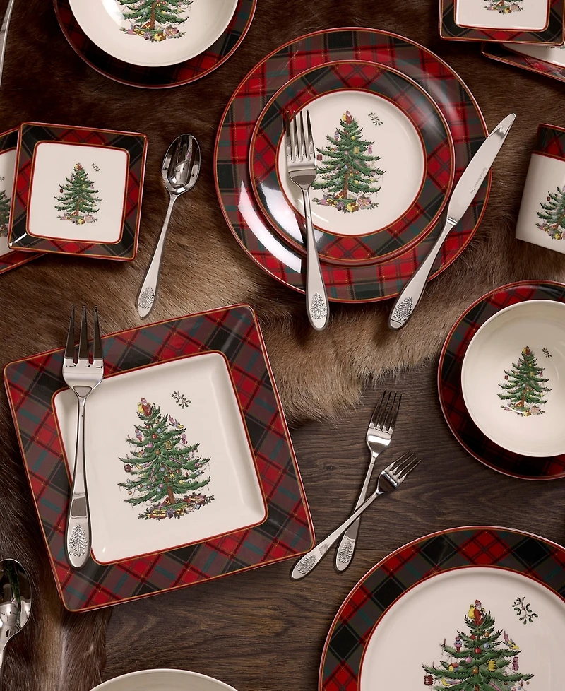 Spode Christmas Tree Tartan Salad Plates, Set of 4