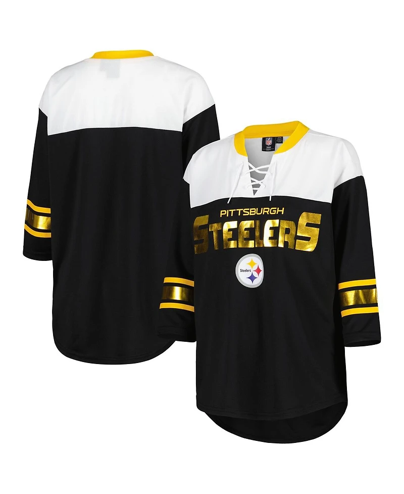 Women's G-iii 4Her by Carl Banks Black, White Pittsburgh Steelers Double Team 3, 4-Sleeve Lace-Up T-shirt