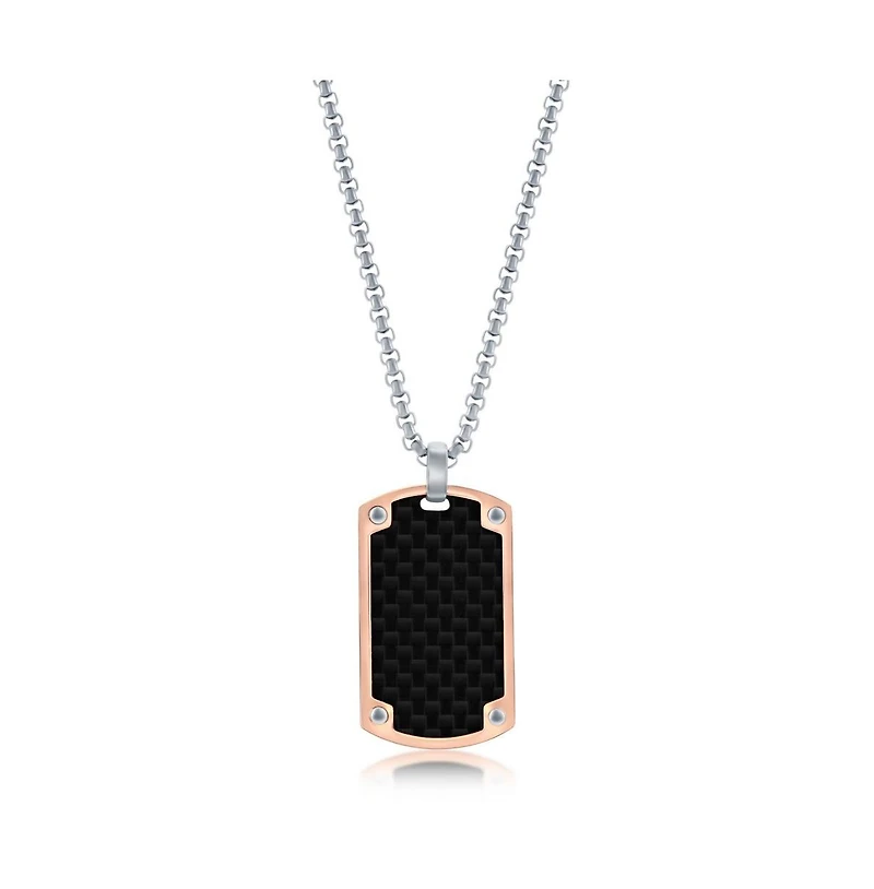 Mens Stainless Steel Rose Gold Black Carbon Fiber Necklace