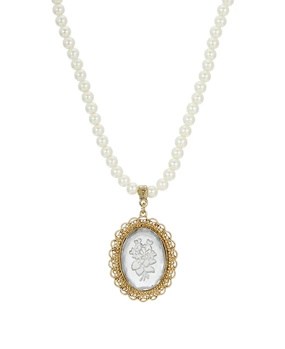 2028 14K Gold-tone Clear Oval Intaglio Imitation Pearl Strand Necklace