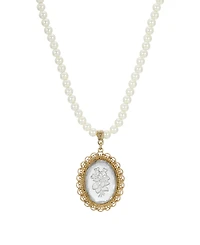 2028 14K Gold-tone Clear Oval Intaglio Imitation Pearl Strand Necklace