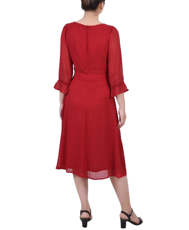 Women's 3/4 Sleeve Belted Swiss Dot Dress