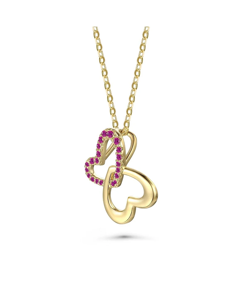 14k Yellow Gold Plated with Cubic Zirconia Double Heart Butterfly Pendant Necklace Sterling Silver