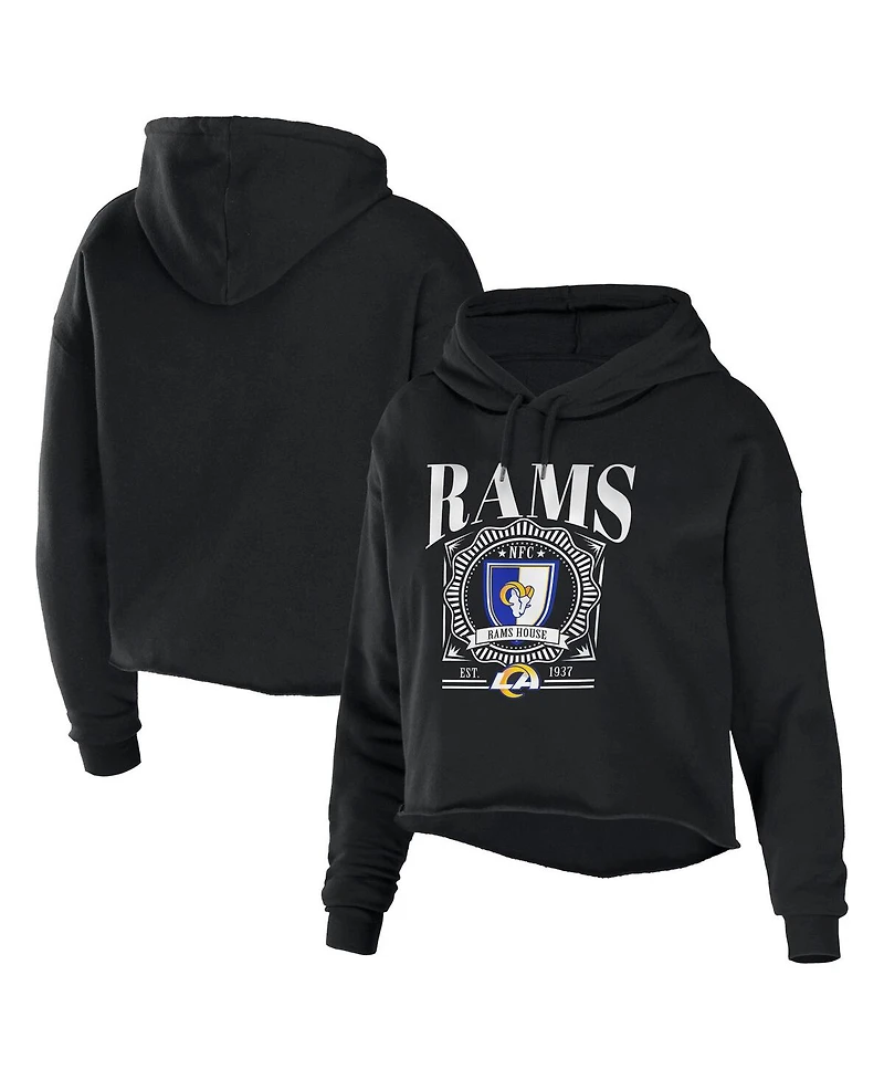 Women's Wear by Erin Andrews Black Los Angeles Rams Cropped Sponge Fleece Pullover Hoodie