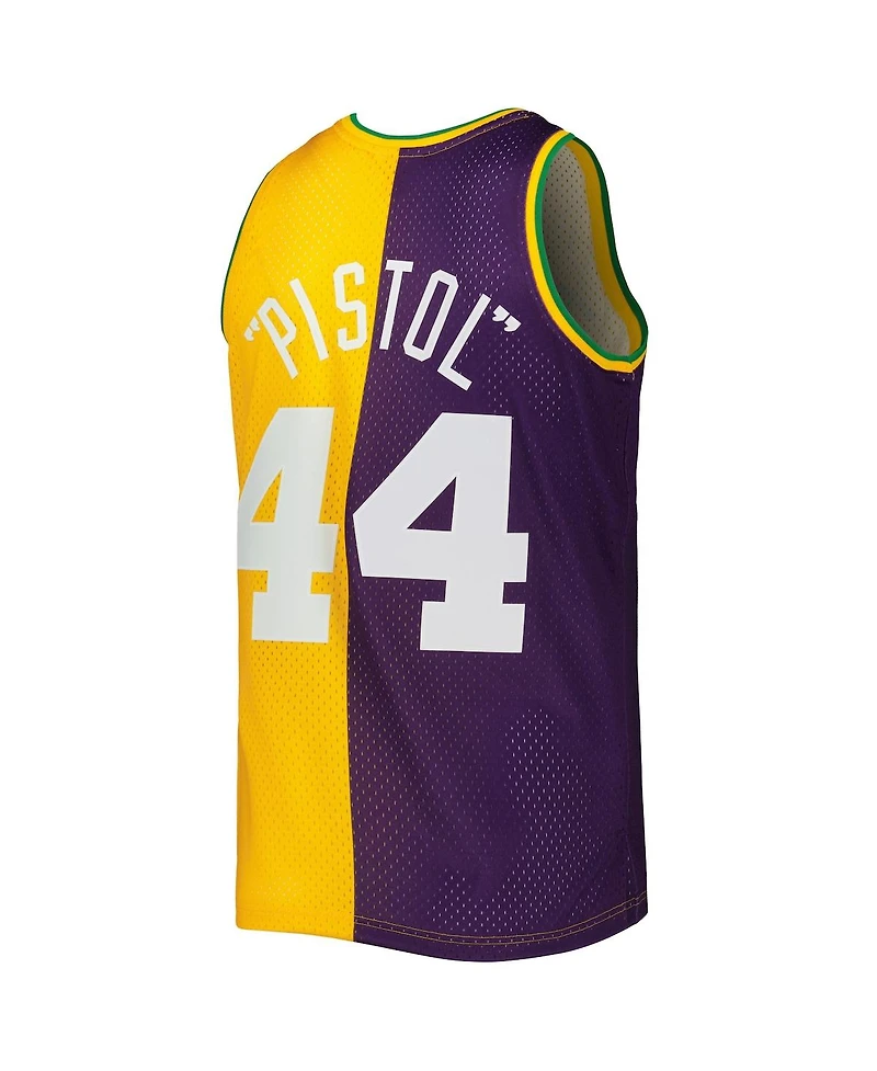 Men's Mitchell & Ness Pete Maravich Purple, Yellow New Orleans Jazz Hardwood Classics 1974-75 Split Swingman Jersey