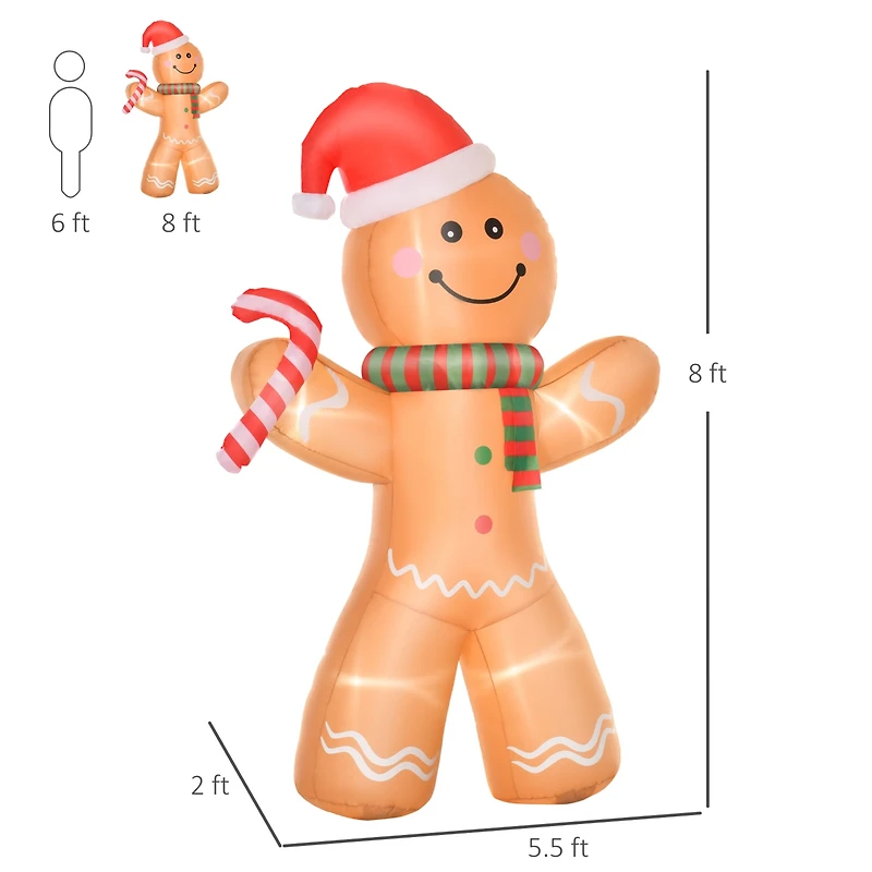 Homcom 8 ft Inflatable Gingerbread Man Outdoor Holiday Display w/ Led Lights